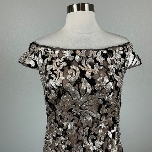 XSCAPE Sequined Off the Shoulder Evening Gown Black and Gold Size 6 Formal Dress - Picture 7 of 13